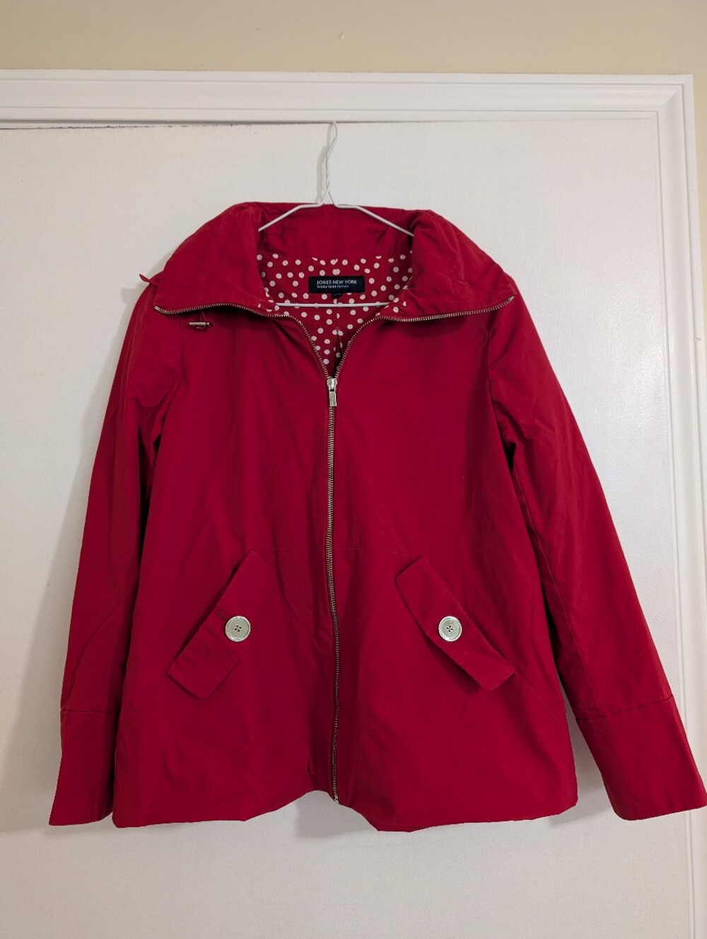 Jones New York Red Hooded Swing Rain Jacket Polka Dot Lining Petite Small